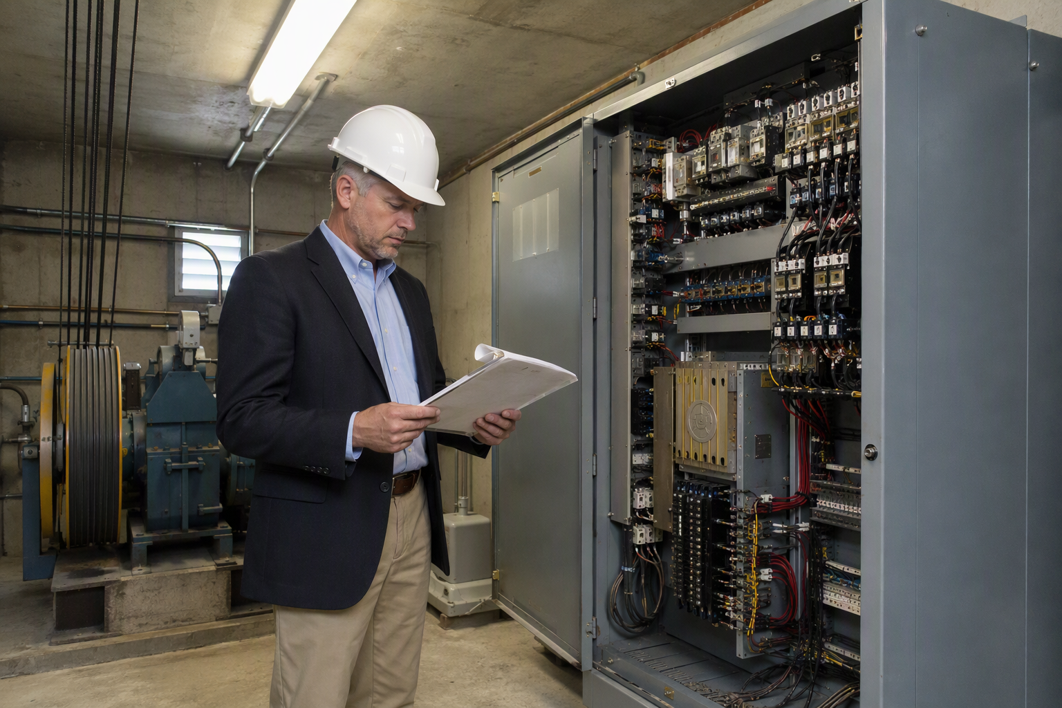 Property Manager Reviewing Elevator Inspection Records Property manager reviewing elevator inspection records and compliance documentation in a commercial building machine room in Columbia SC during a building ownership transition