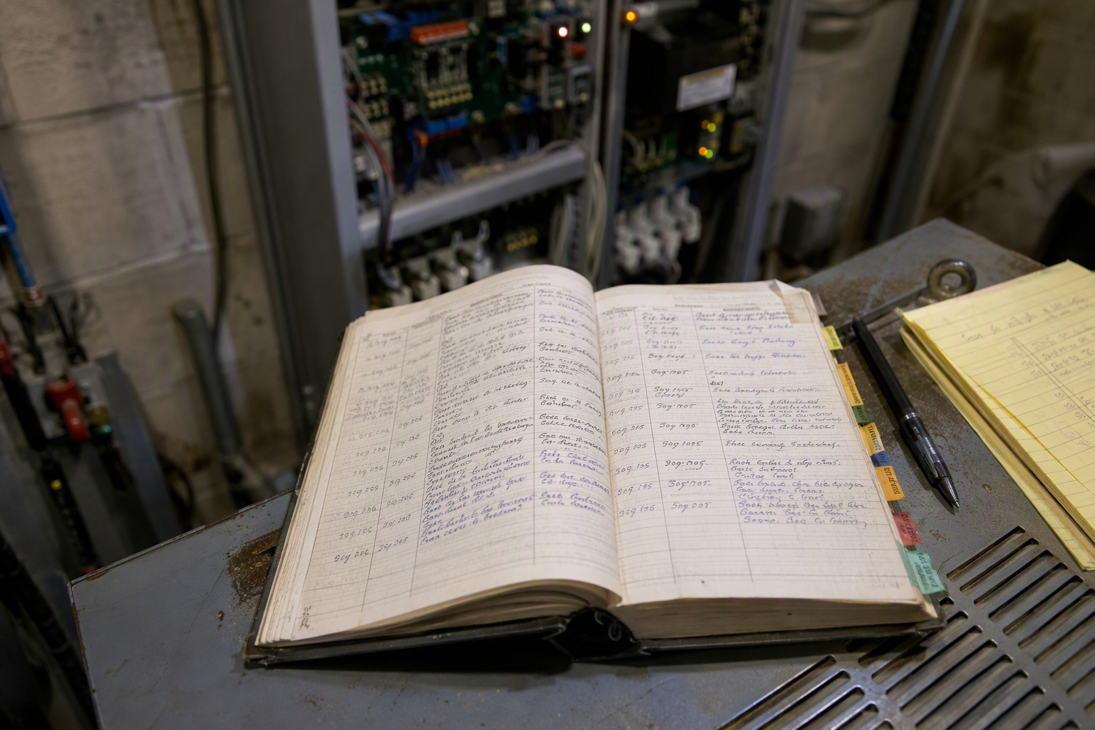 Elevator maintenance logbook open in a machine room showing detailed inspection entries including dates, technician credentials, component observations, and deficiency tracking fields.