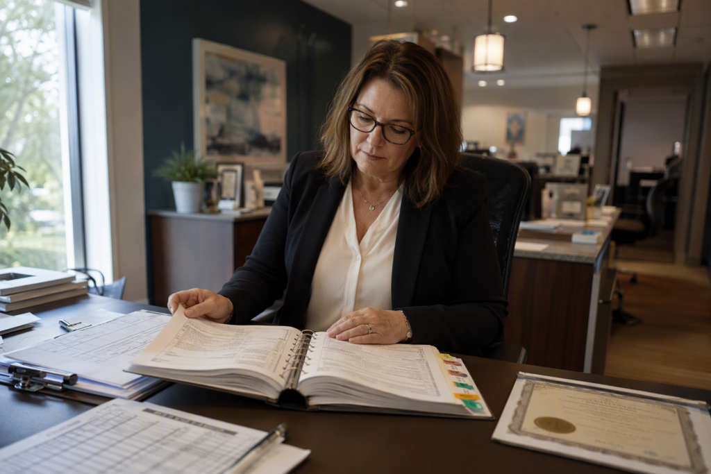 Building manager reviewing an elevator maintenance log and inspection documents at an office desk, ensuring compliance with South Carolina elevator record-keeping requirements.