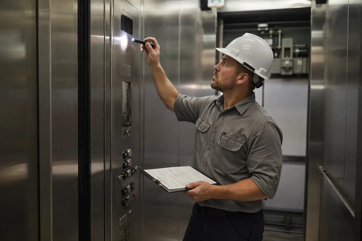 Licensed elevator inspector reviewing emergency systems inside a commercial elevator cab in Columbia SC, using inspection report documentation during a South Carolina code compliance inspection.