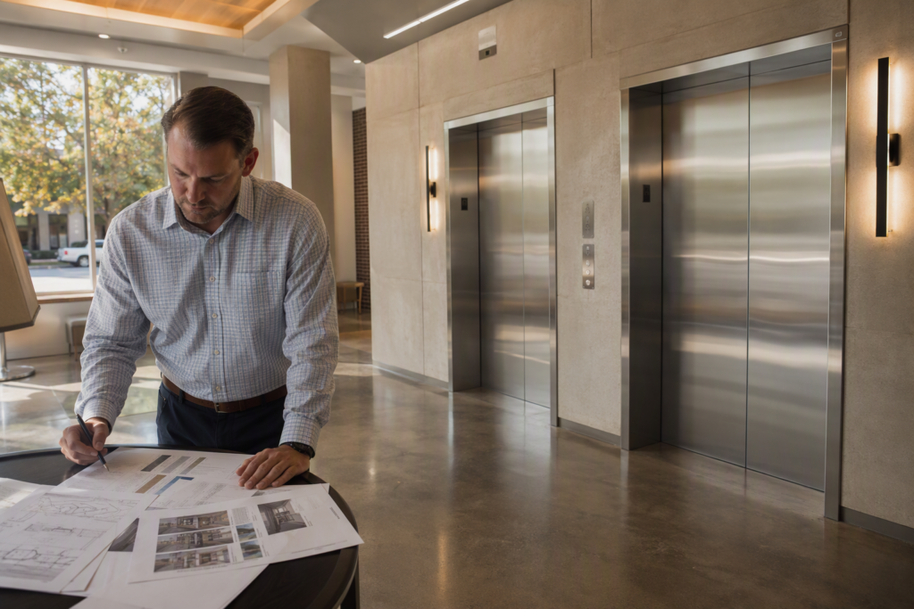 Columbia SC building owner reviewing elevator modernization proposals in a commercial lobby with newly upgraded stainless-steel cab doors and LED lighting, 2026.
