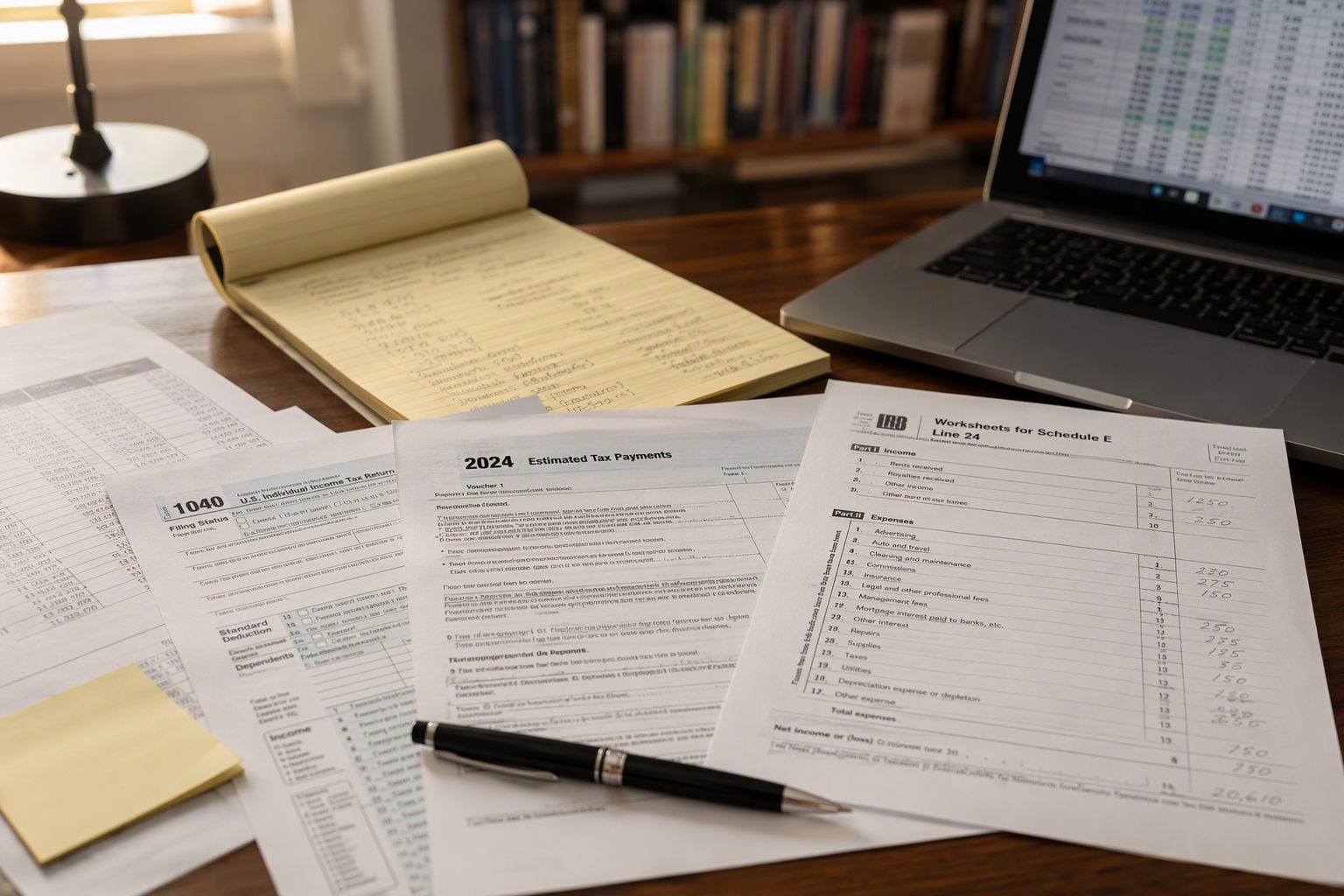 Property manager's desk with IRS tax deduction worksheets and notes for evaluating federal Section 179 and ADA tax credit eligibility for elevator upgrades.