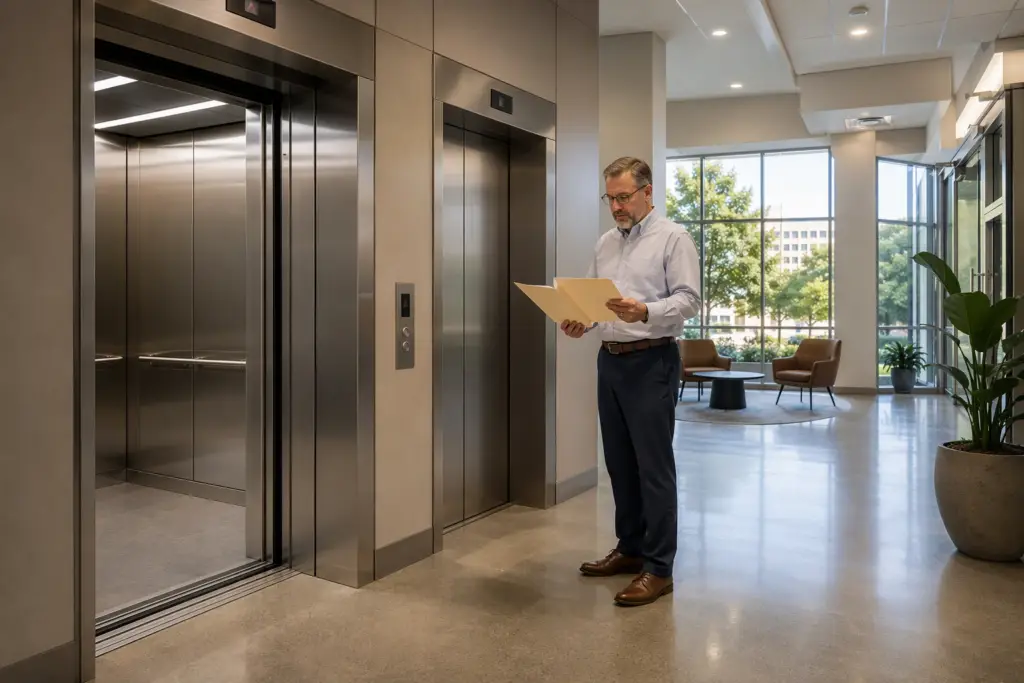 Building manager reviewing elevator modernization financing documents beside a newly upgraded commercial elevator cab in a Columbia SC office building lobby.