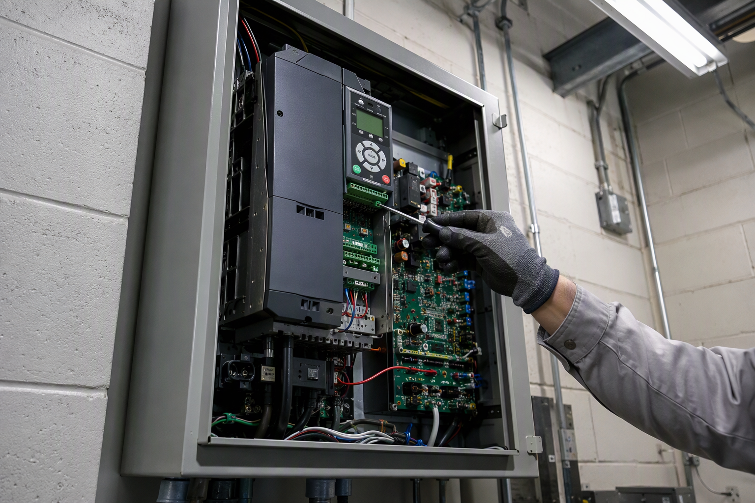 Elevator technician adjusting a variable-frequency drive VFD motor controller inside a commercial building machine room during an energy-efficiency modernization upgrade.