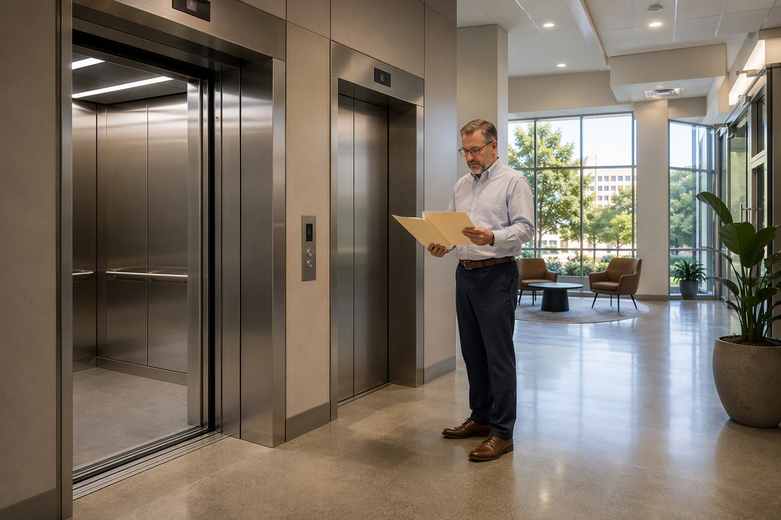 Building manager reviewing elevator modernization financing documents beside a newly upgraded commercial elevator cab in a Columbia SC office building lobby.
