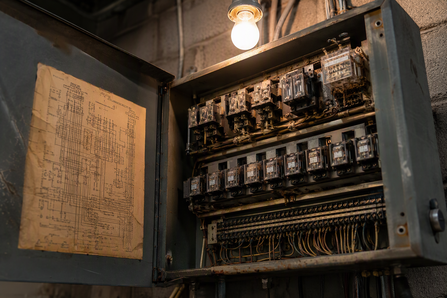 Obsolete Relay-Logic Controller Obsolete relay-logic elevator controller panel with aging wiring in a commercial building machine room, a common sign modernization is needed