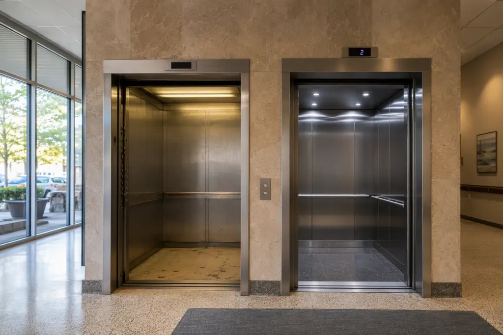 Side-by-side comparison of an aging 1970s elevator cab and a modernized elevator cab in a Columbia SC commercial office building lobby