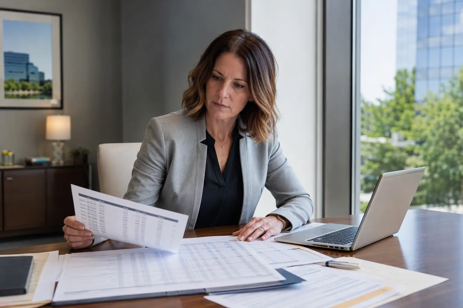 Evaluating Repair Costs vs. Modernization Building property manager reviewing elevator repair cost history and service records to decide between elevator modernization and ongoing repair
