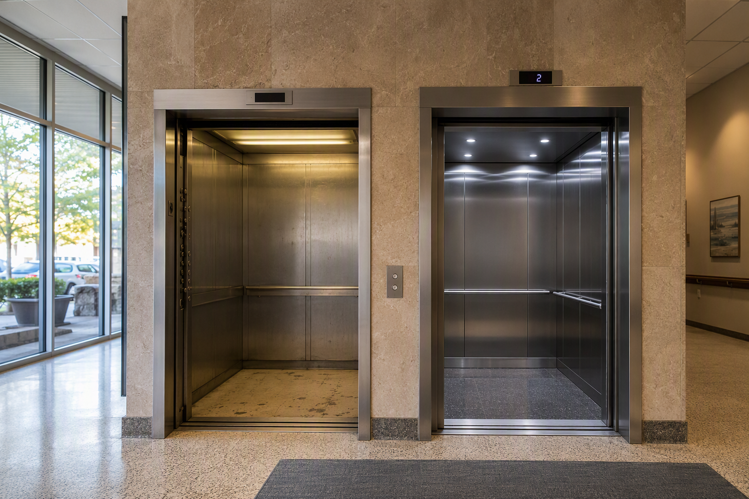 Modernization vs. Repair: The Visual Difference Side-by-side comparison of an aging 1970s elevator cab and a modernized elevator cab in a Columbia SC commercial office building lobby