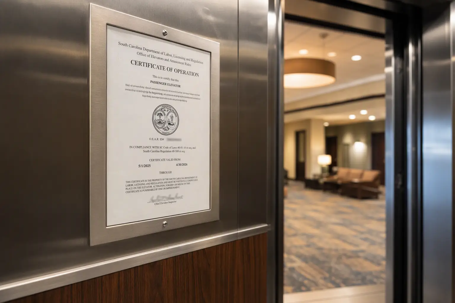 South Carolina elevator operating certificate displayed inside a commercial elevator cab as required by SC LLR, mounted in a brushed aluminum frame on a stainless steel interior panel