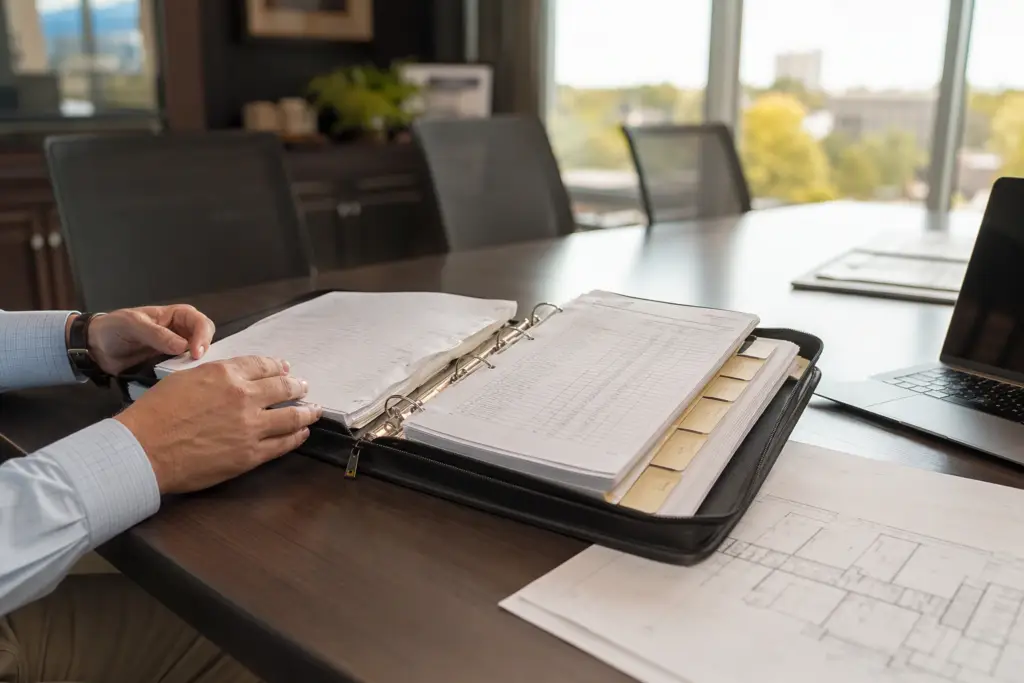 Building manager reviewing elevator documentation records binder in a Columbia SC property management office, showing inspection reports and operating certificates on file