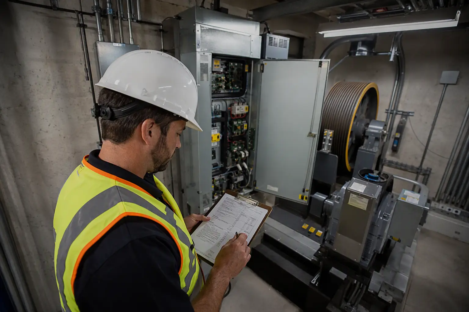 Licensed elevator inspector reviewing SC LLR inspection checklist in a commercial building machine room in Columbia SC, a required step for maintaining elevator compliance documentation