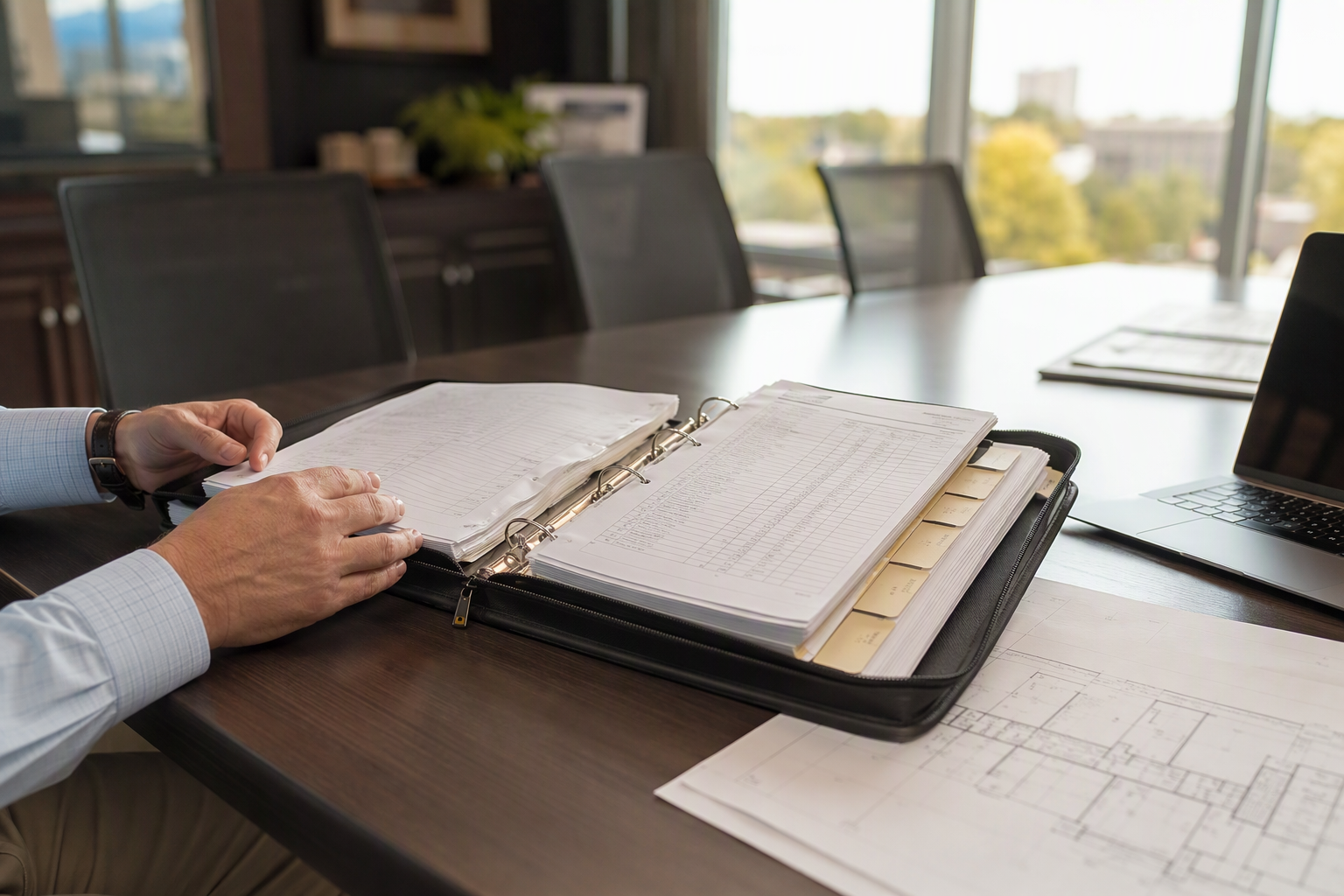 Building manager reviewing elevator documentation records binder in a Columbia SC property management office, showing inspection reports and operating certificates on file