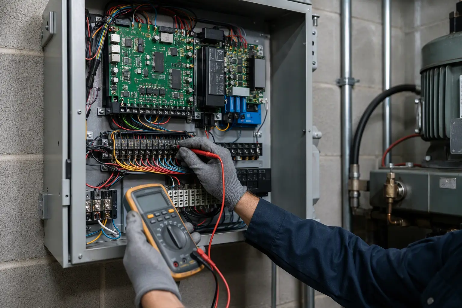Elevator technician testing a commercial elevator controller board with a multimeter inside a machine room, illustrating repair complexity and parts lead times
