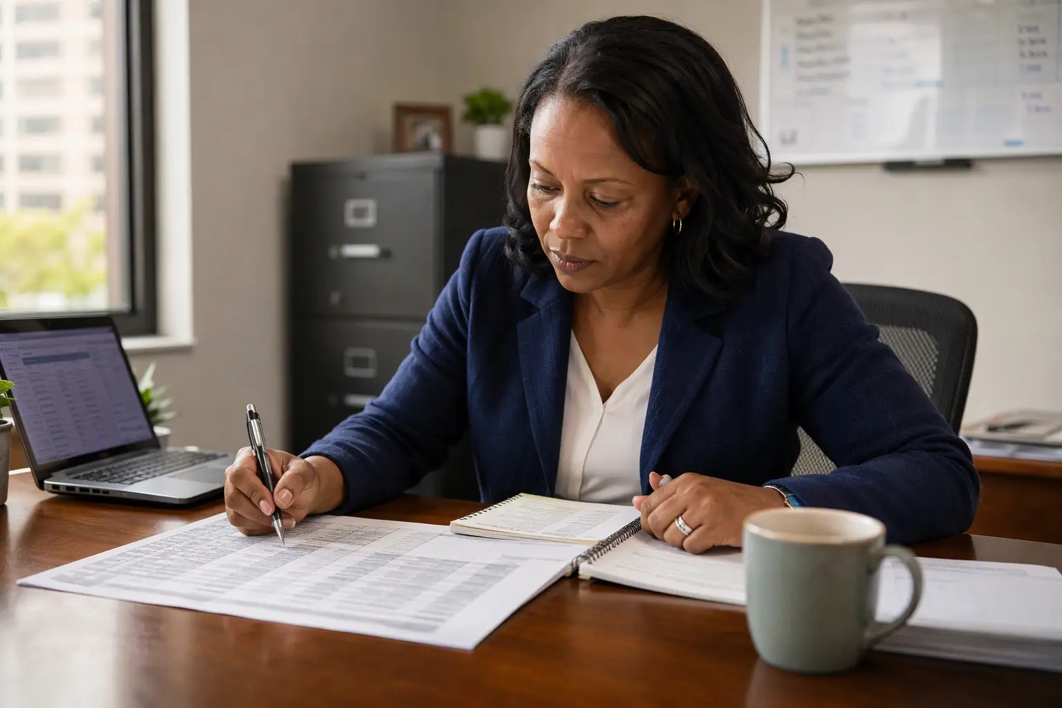 Facilities manager reviewing commercial elevator maintenance records and repair history data to determine whether elevator repair or full replacement is the better investment