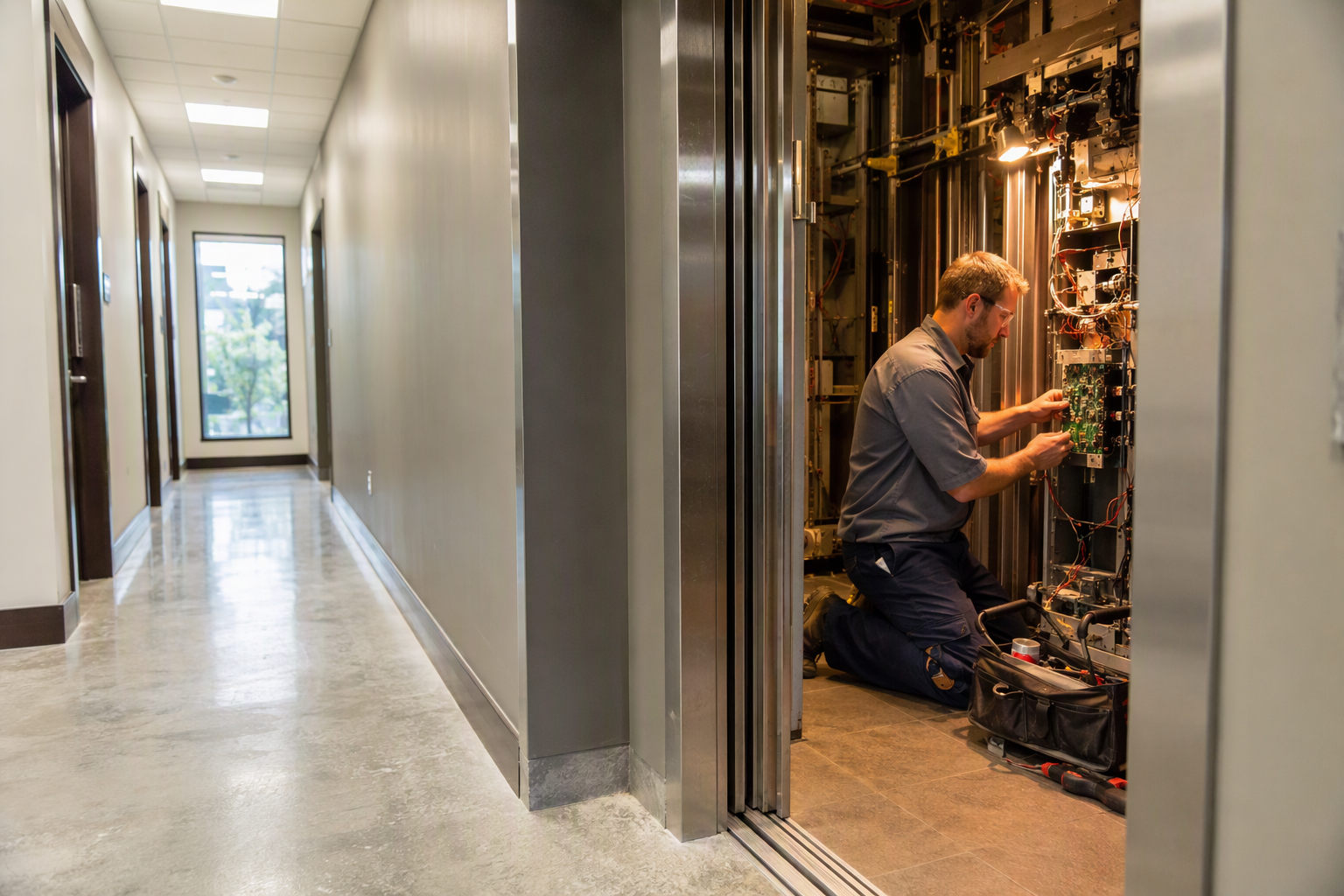 Licensed elevator technician inspecting an open commercial elevator cab during a repair service call at a Columbia SC mid-rise office building