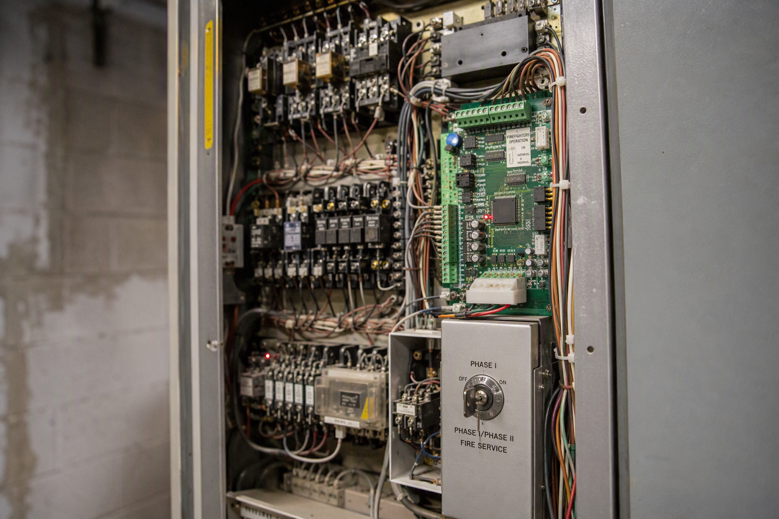 Elevator machine-room controller showing legacy relay wiring alongside a newly installed Phase I and Phase II firefighters' service upgrade module required by ASME A17.1-2019