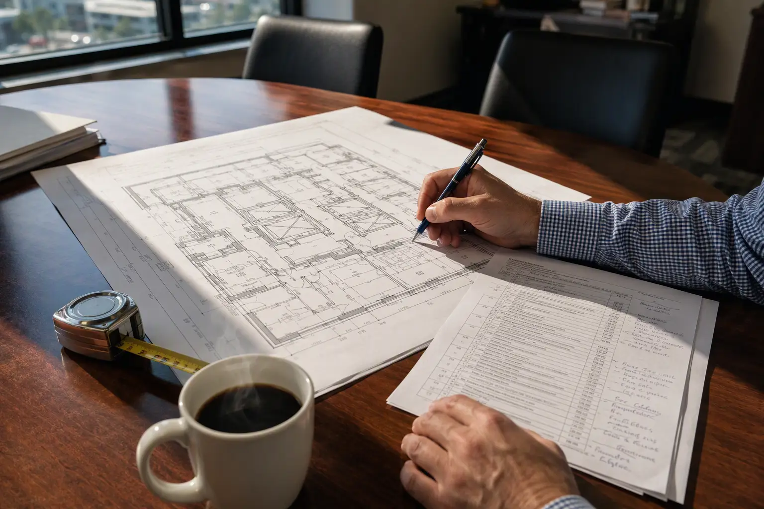 Building manager reviewing elevator compliance plans and SC LLR documentation at a desk during a major renovation or change-of-use project in South Carolina
