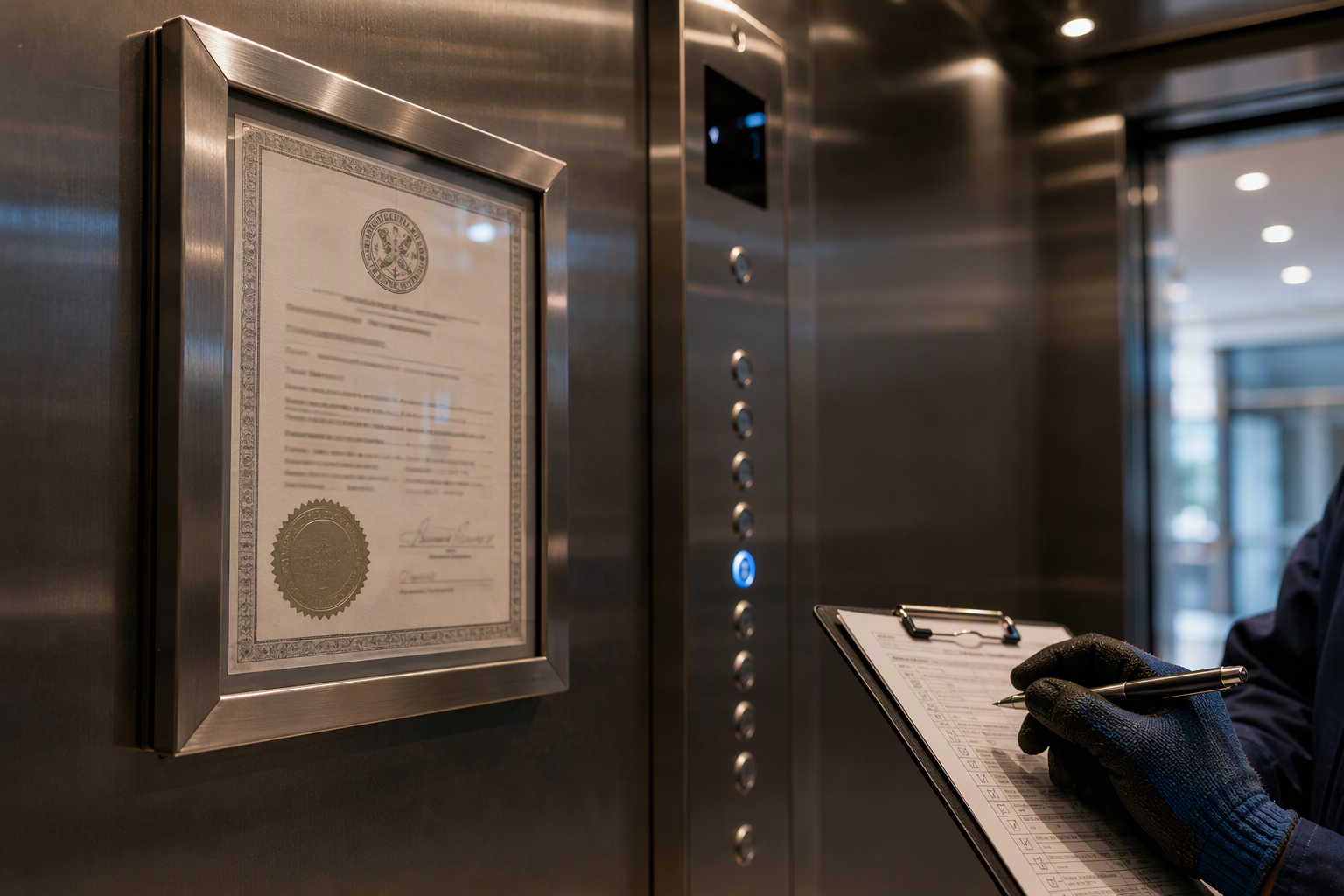 South Carolina elevator operating certificate displayed inside a commercial elevator cab, with a technician's inspection clipboard visible, illustrating state compliance requirements during ownership 