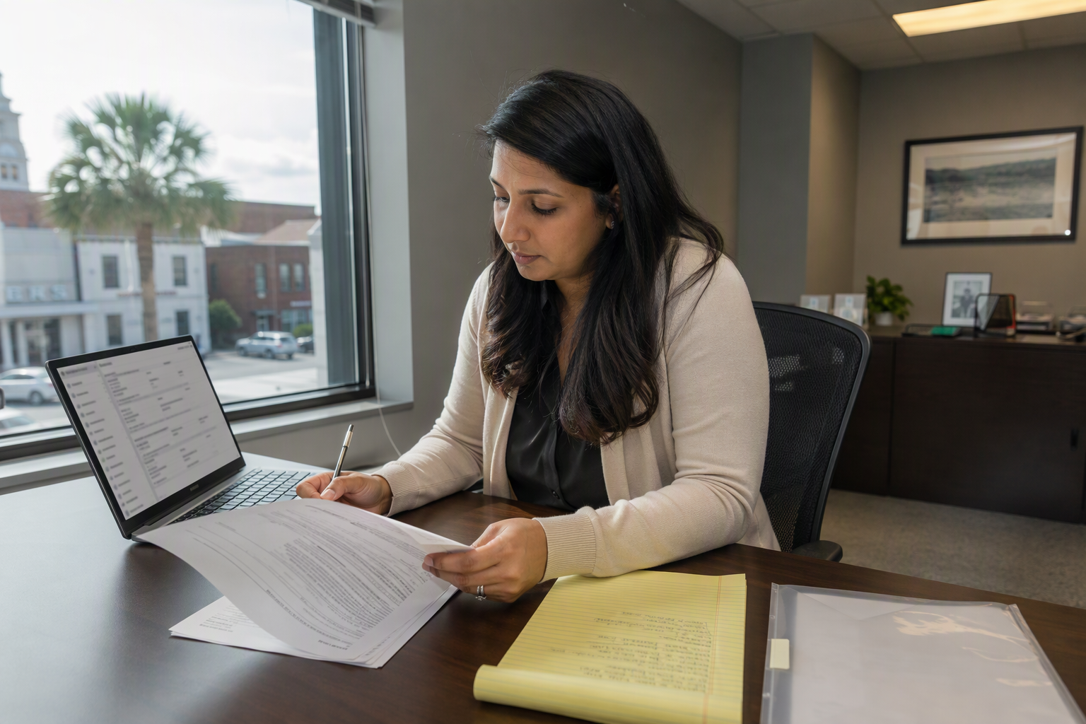 Property manager in Columbia SC reviewing an elevator service contract assignment clause at her desk during a management company transition, with a laptop and legal documents visible.