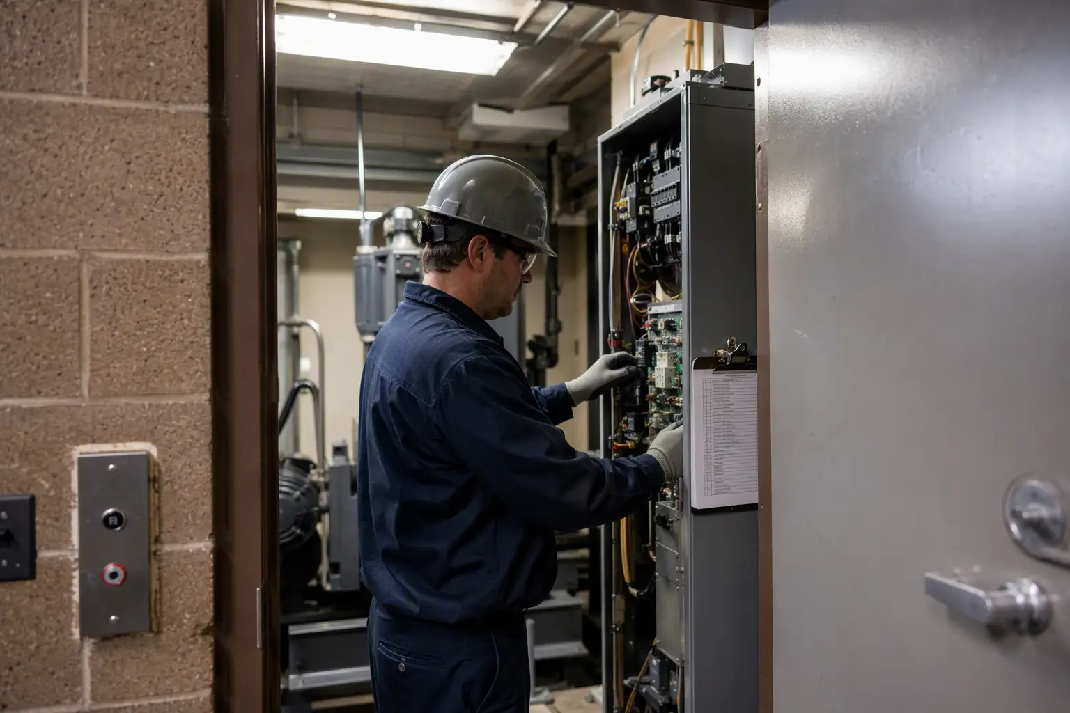 Licensed elevator technician inspecting a machine room controller in a South Carolina commercial building as part of LLR annual inspection compliance