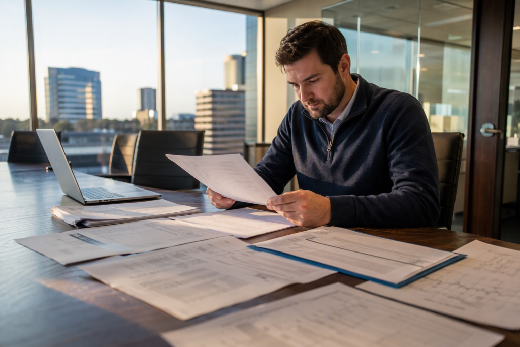 Building manager reviewing elevator capital budget documents and year-end permit paperwork at a conference table in a Columbia SC commercial office