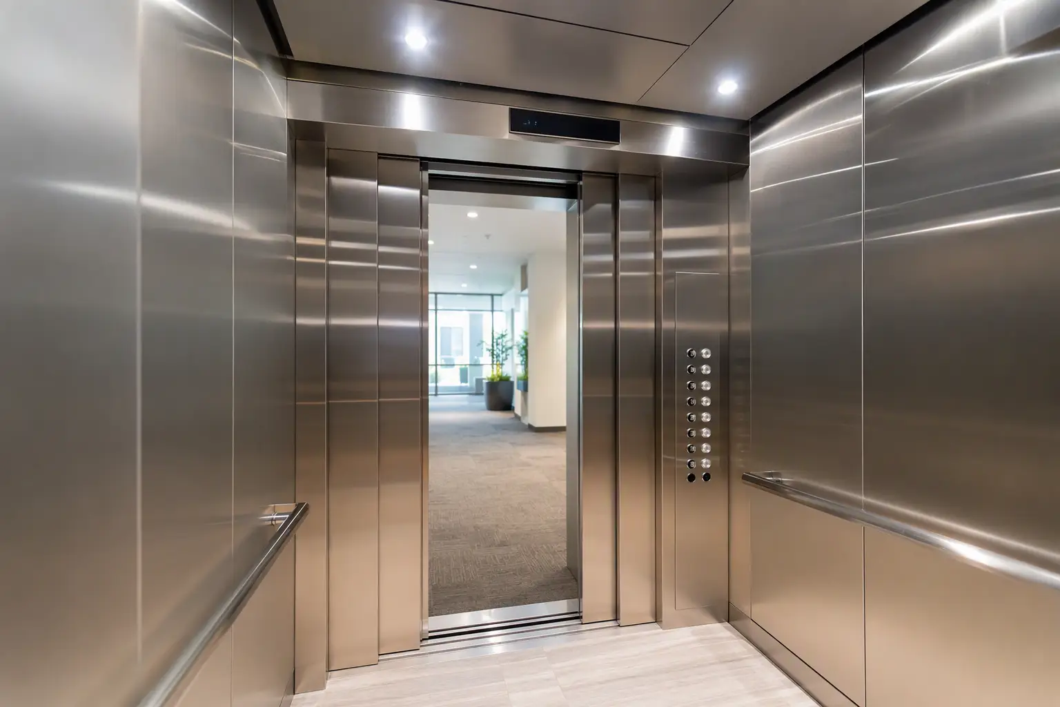 Newly modernized elevator cab interior with LED lighting, stainless steel panels, and ADA-compliant fixtures in a Columbia SC commercial building