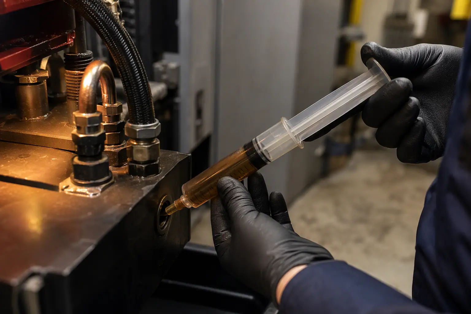 Elevator technician sampling hydraulic fluid from a power unit reservoir to check viscosity and contamination before winter temperature drops affect elevator pump performance.