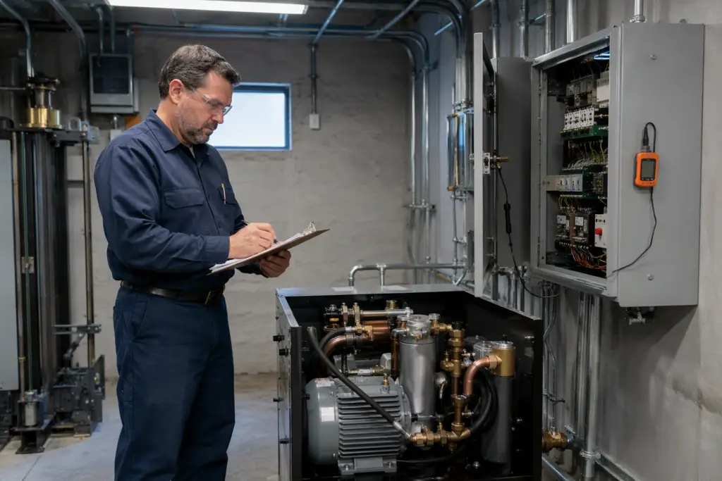 Elevator technician performing pre-winter maintenance inspection in a commercial machine room in Columbia SC, reviewing hydraulic systems and control equipment before cold weather.