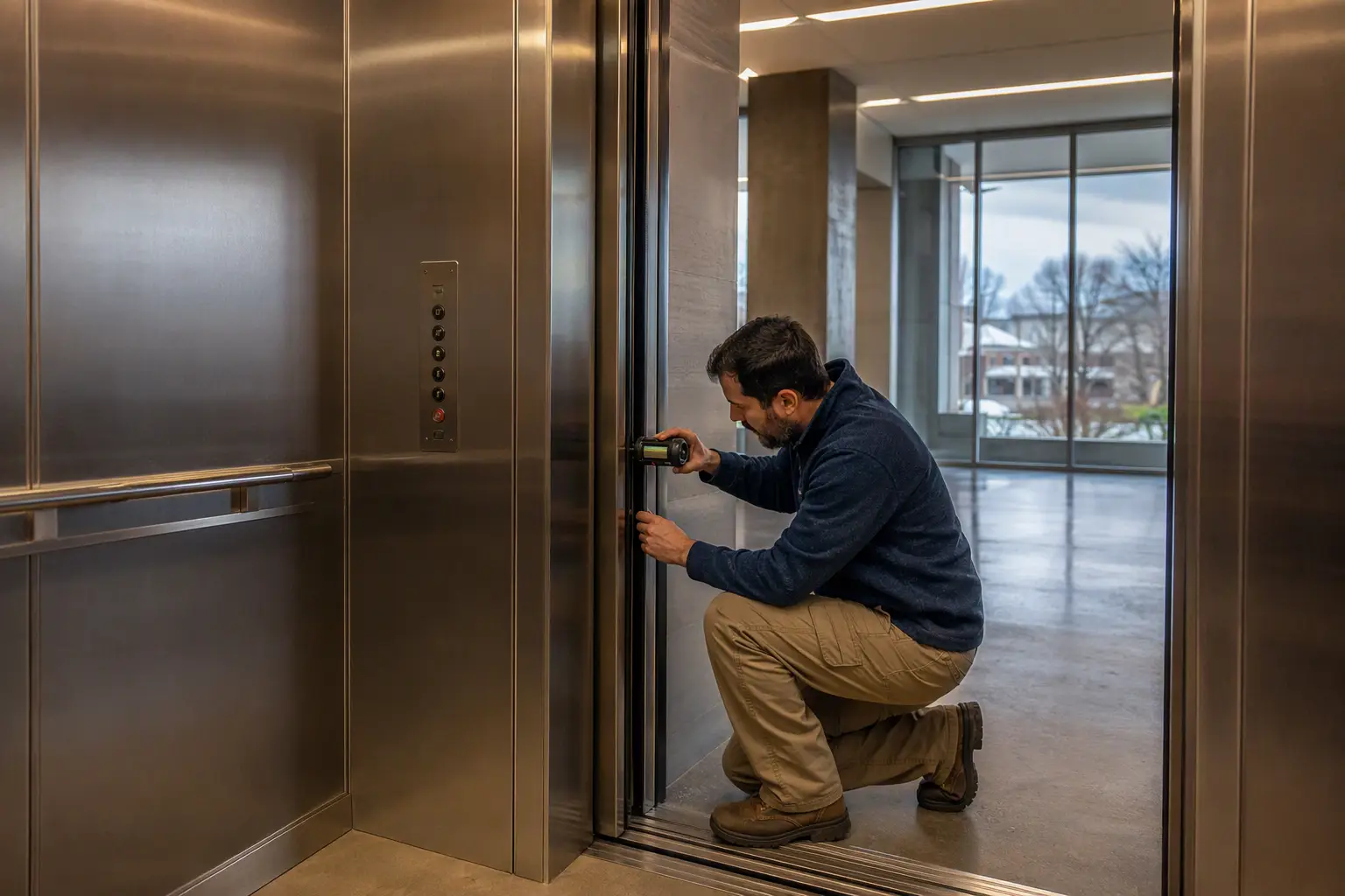 Elevator technician calibrating door operator closing force inside a commercial office building cab in Columbia SC as part of a pre-winter maintenance inspection to prevent cold-weather door malfuncti