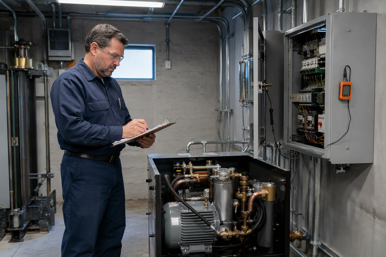 Elevator technician performing pre-winter maintenance inspection in a commercial machine room in Columbia SC, reviewing hydraulic systems and control equipment before cold weather.
