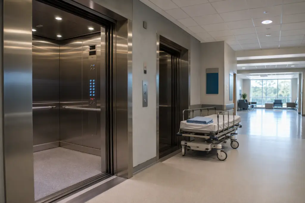Large hospital elevator lobby in Columbia SC showing oversized cab doors open for gurney access, with ADA-compliant controls and handrails meeting healthcare elevator code requirements