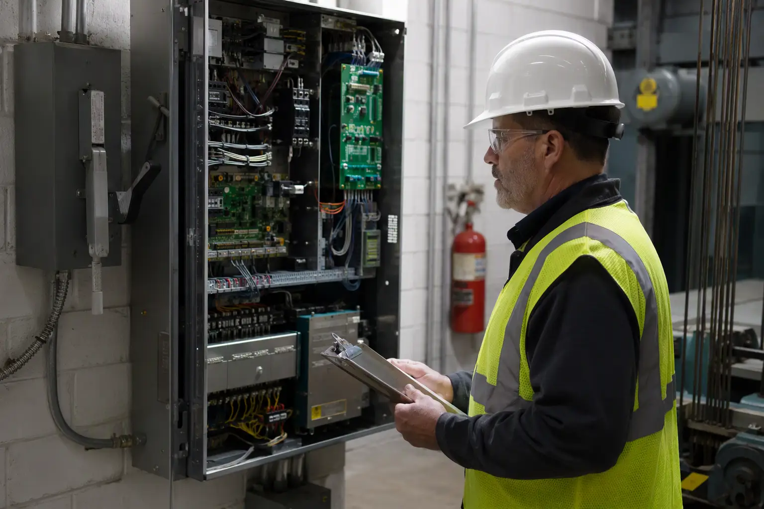 Healthcare Elevator Compliance Inspection Certified elevator inspector reviewing controller and emergency power equipment in a hospital elevator machine room during a compliance inspection in South Carolina