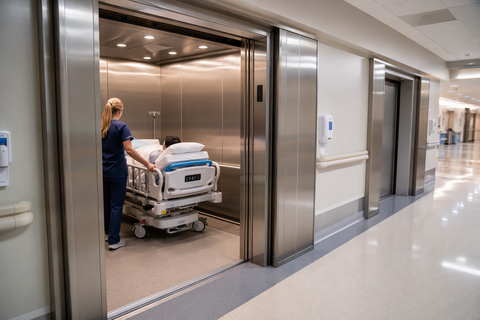 Hospital-Duty Elevator Lobby Large hospital-duty elevator with center-opening doors accommodating a nurse and patient on a gurney in a Columbia SC medical center corridor
