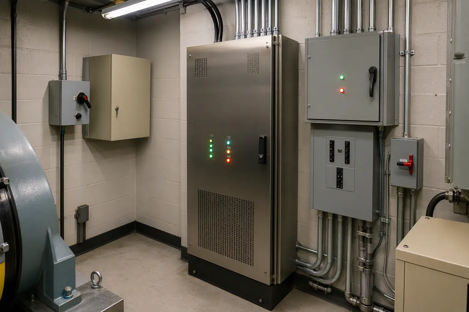 Hospital Elevator Emergency Power and Controller System Hospital elevator machine room showing a modern solid-state controller and emergency power transfer switch supporting continuous clinical operations and ASME A17.1 compliance in South Carolina