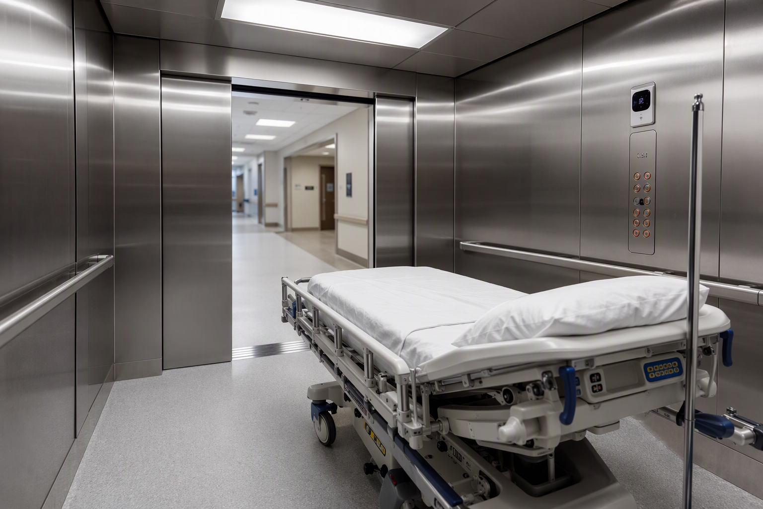 Hospital Elevator Cab Upgraded for Infection Control Modernized hospital elevator cab interior with antimicrobial stainless steel panels, copper-alloy call buttons, and hands-free wave sensor for patient safety and infection control in Columbia SC