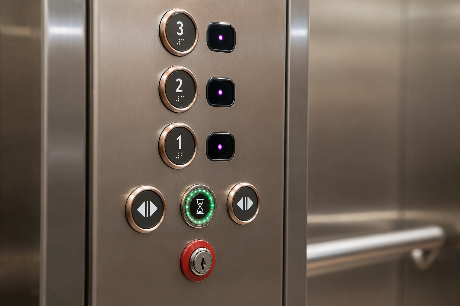 Hospital elevator control panel showing antimicrobial buttons, hands-free sensors, and firefighters emergency service key switch required for healthcare facilities