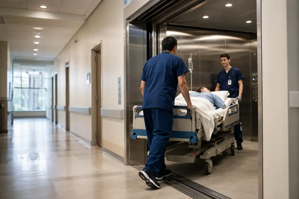 Hospital elevator with oversized doors accommodating a patient on a stretcher in a Columbia SC medical facility, illustrating healthcare elevator requirements