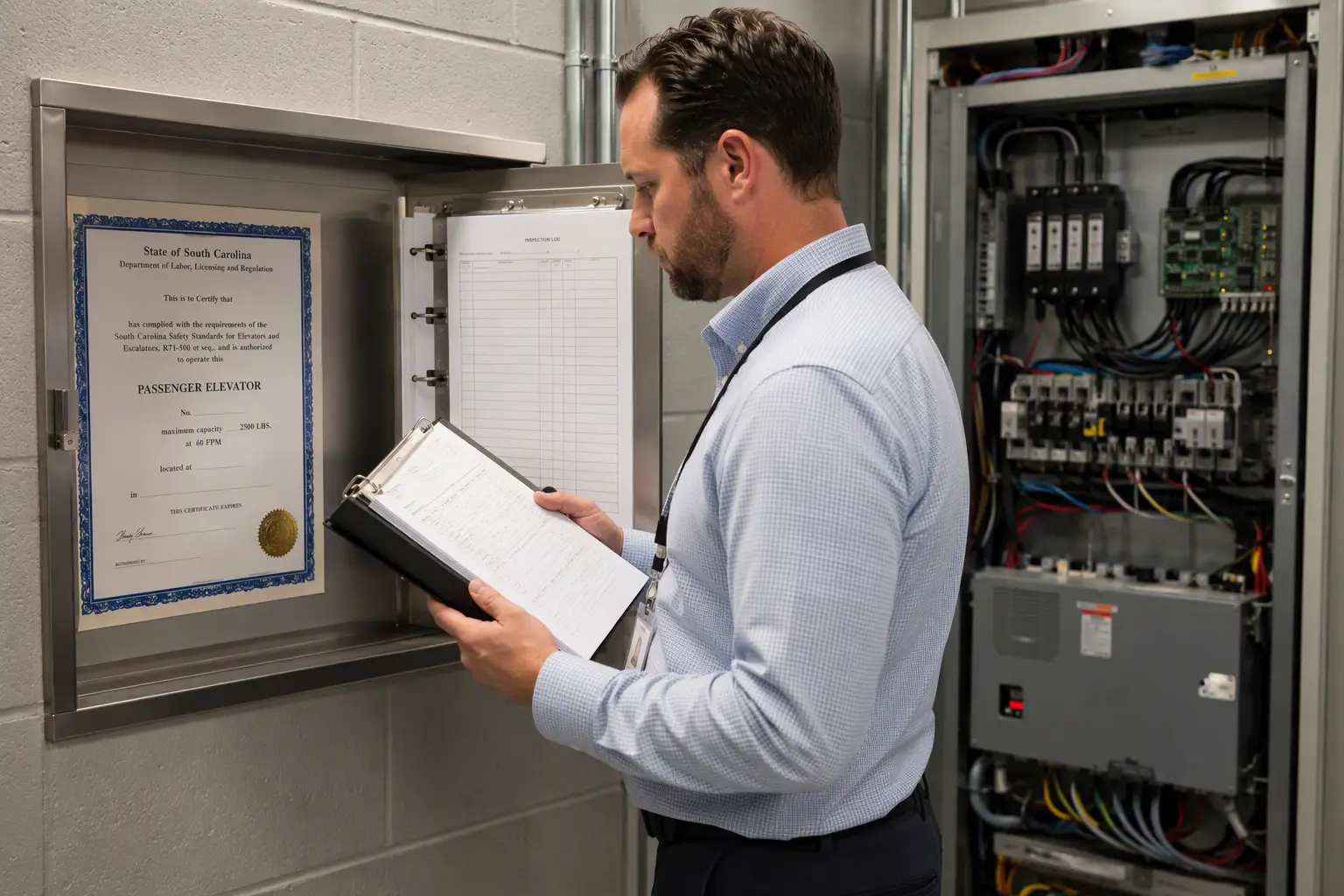 Facility compliance officer reviewing South Carolina elevator operating certificate and inspection documentation required for hospital elevator code compliance