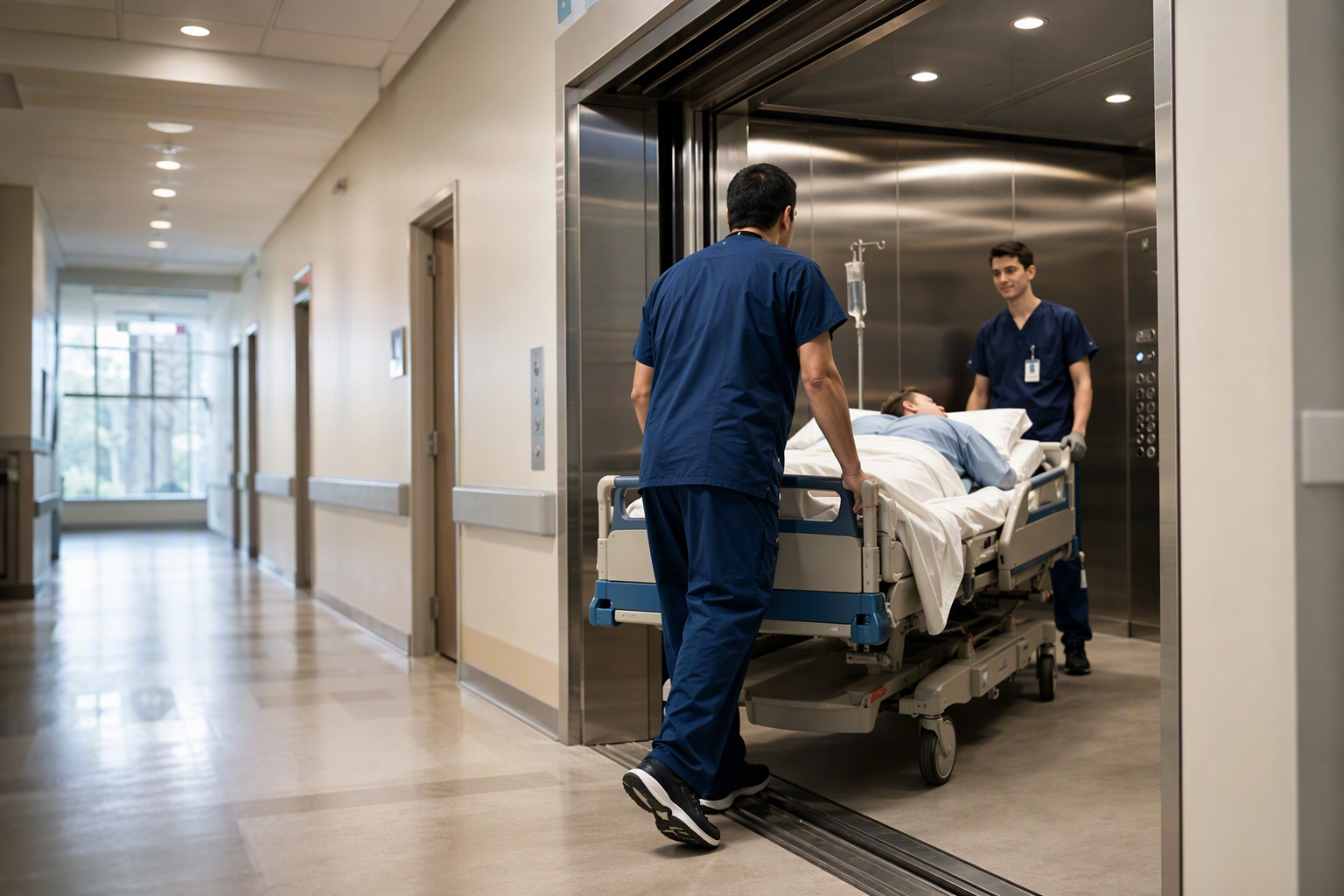 Hospital elevator with oversized doors accommodating a patient on a stretcher in a Columbia SC medical facility, illustrating healthcare elevator requirements