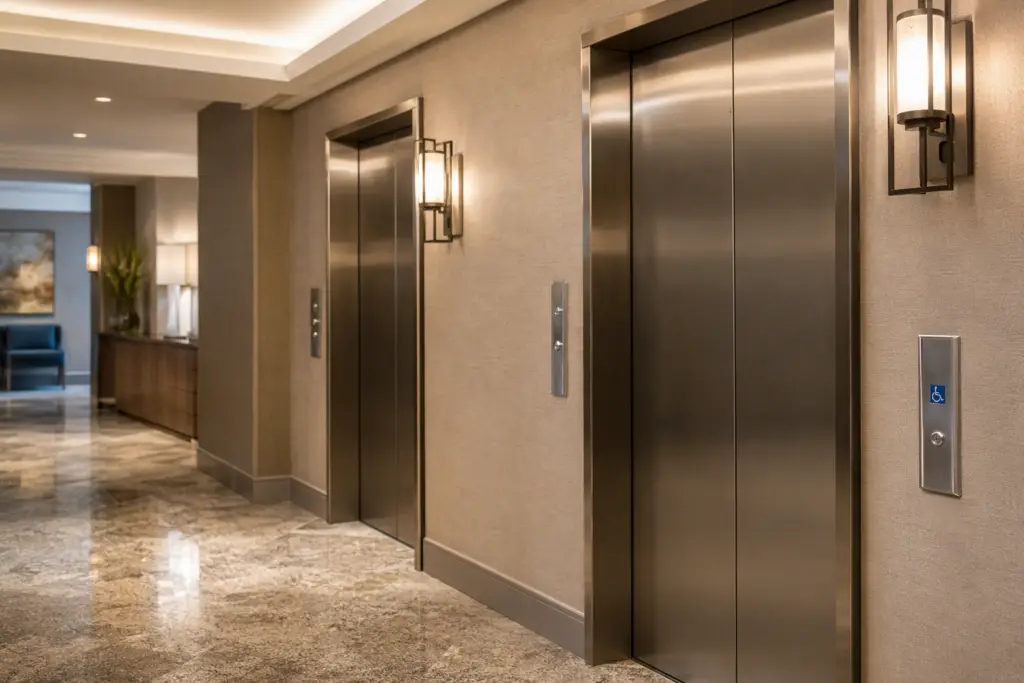 Hotel elevator lobby in Columbia SC showing renovated stainless-steel elevator doors, ADA call buttons, and updated hall lanterns meeting ASME A17.1 code requirements.