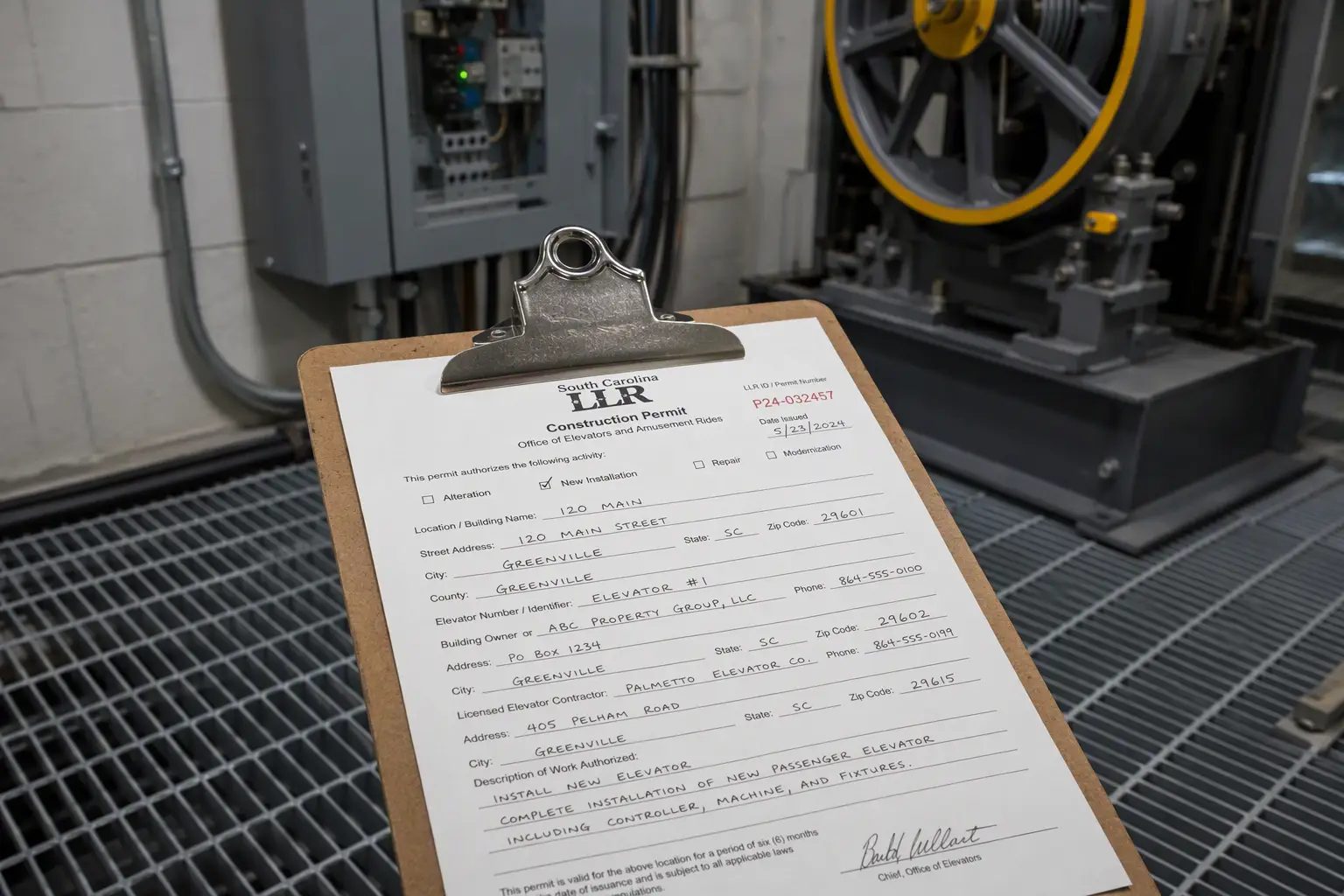 South Carolina LLR elevator construction permit on clipboard inside a commercial elevator machine room, illustrating the permit requirement for elevator modifications