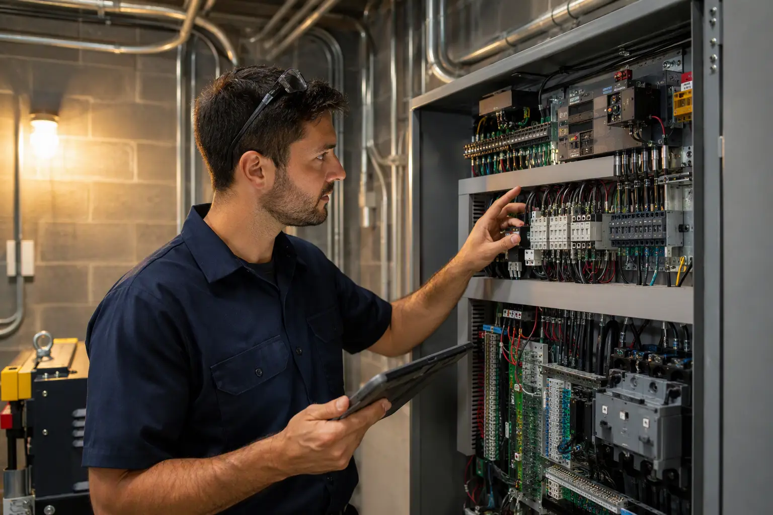 Elevator technician in Columbia SC reviewing a proposal on a tablet at a machine-room controller to confirm scope and pricing validity after 30 to 90 days