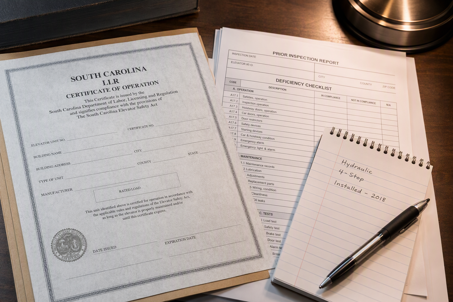 Elevator compliance documents including SC LLR operating certificate, prior inspection report with deficiency checklist, and handwritten equipment notes needed to request an inspection quote