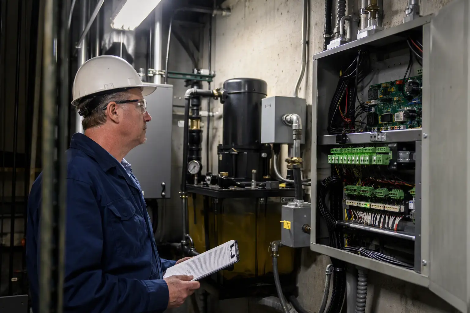 Licensed elevator inspector examining hydraulic power unit and controller panel in a commercial machine room during a South Carolina state-required permitting inspection
