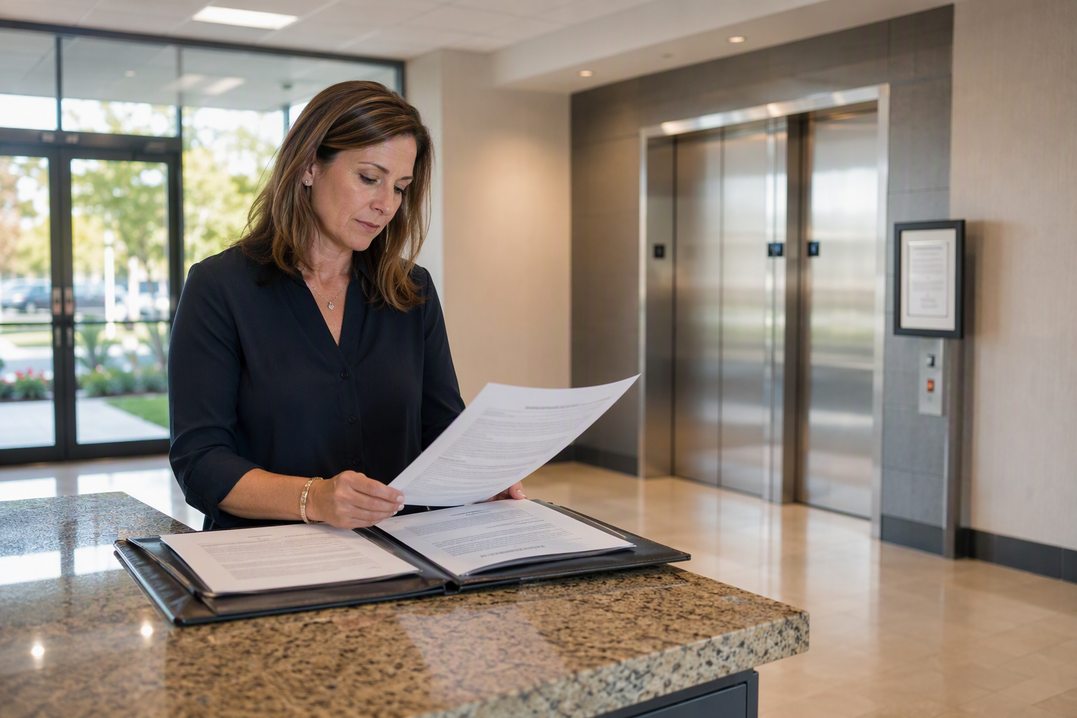 Property manager in a Columbia SC commercial lobby reviewing an elevator inspection quote and compliance documents beside posted elevator operating certificate