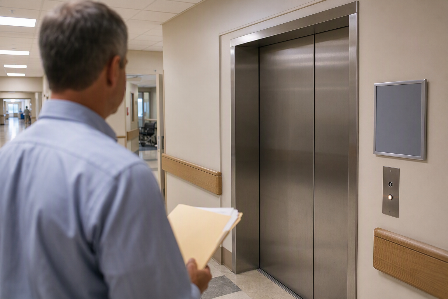 Healthcare Elevator Decommissioning Planning Hospital facility manager reviewing documents beside closed elevator doors in a Columbia SC healthcare corridor, preparing to get a decommissioning quote
