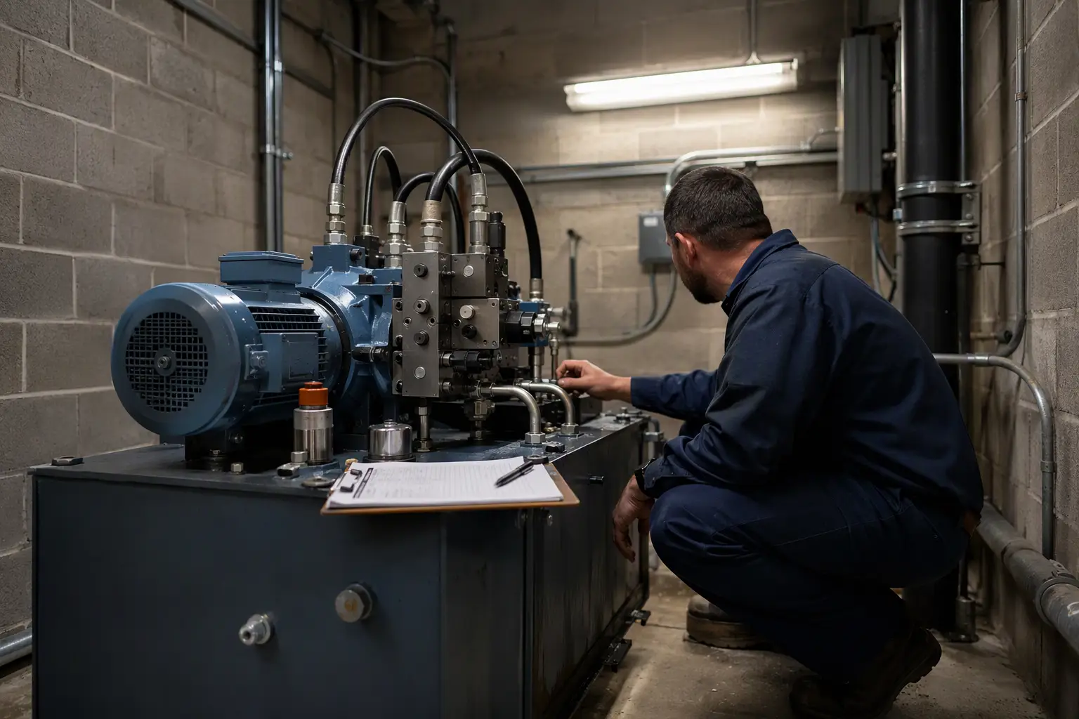 Hydraulic Elevator Machine Room Inspection Licensed elevator technician inspecting a hydraulic power unit in a South Carolina machine room as part of the elevator decommissioning permit and compliance process