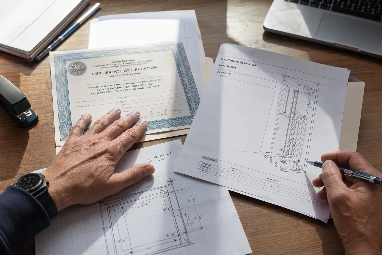 Elevator Decommissioning Quote Documentation Facility manager organizing South Carolina elevator operating certificate and equipment specification documents needed before requesting an elevator decommissioning quote