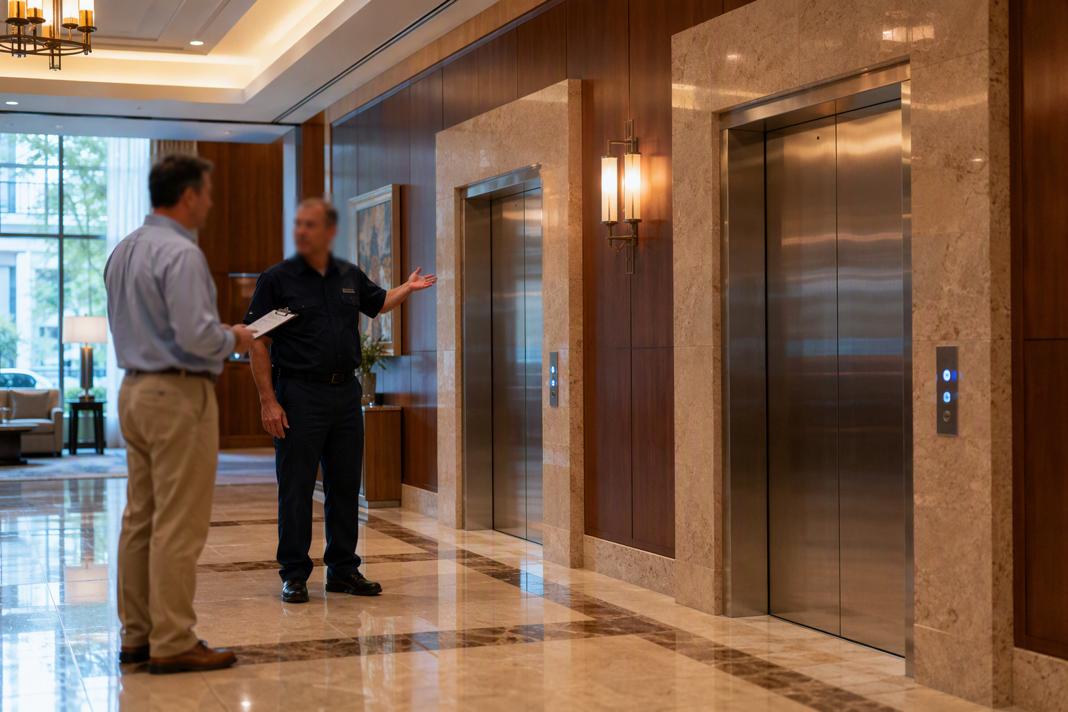 Hotel facilities manager and elevator service technician discussing a quote for elevator service in a Columbia SC hotel lobby with stainless-steel elevator doors